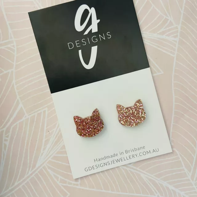 ACRYLIC Stud Earrings - Cat - PALE ROSE GOLD Glitter