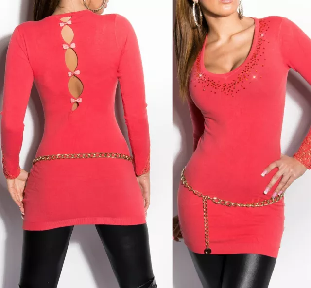 Sexy Miss Donna V Pullover Lungo Pullover Strass IN Maglia Mini Abito