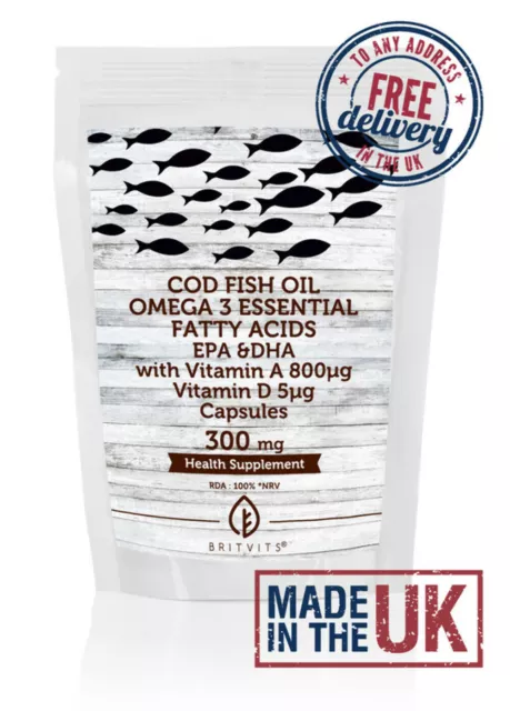 Cod liver 300mg Capsules Vitamin A and D Omega 3 Fish Oil Pack of 120 Pills