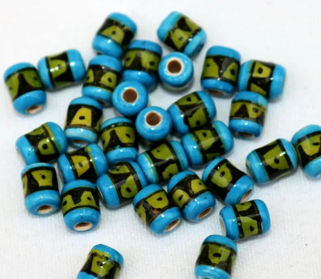 25 Keramik Perlen Peru 7 mm Walze,Zylinder Perle blau grün Inka Indianer Schmuck