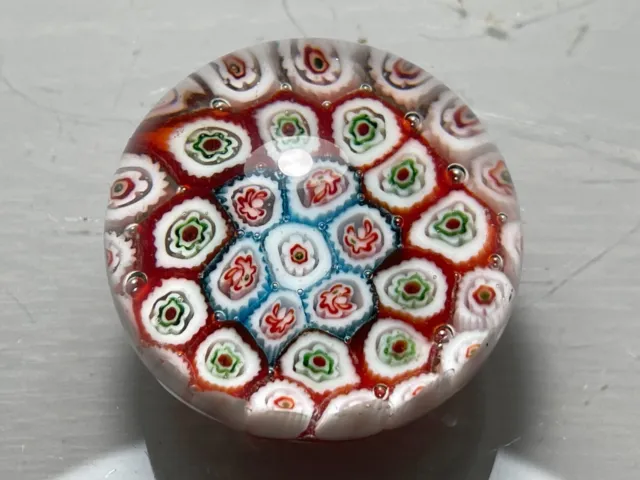 Murano Style Blue, Green, Red & White Mille Fiori Flowers Art Glass Paperweight
