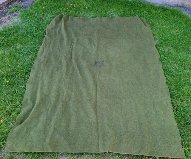 Vintage Army Military Green Wool Blanket 63” x 79” Marked US