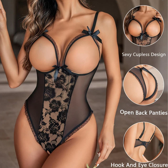 Women's 1 Piece Backless Mesh Bodysuit Neck Lace Up Sheer Teddy Nightie Lace Up