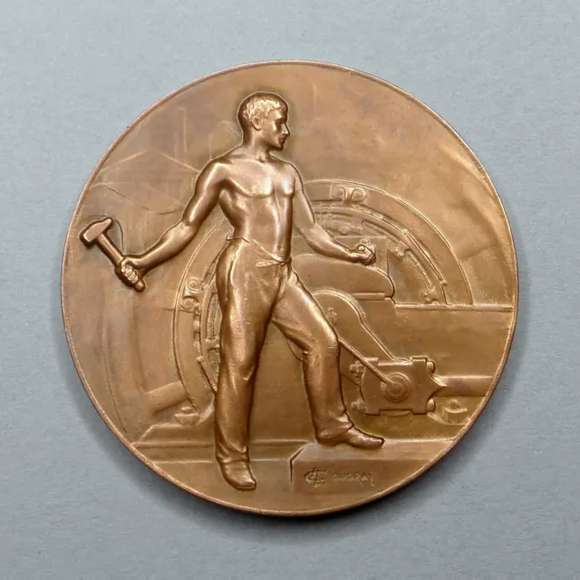 French, Large Bronze Medal. Nude Man. Anvil, Hammer. Art Nouveau By Coudray.