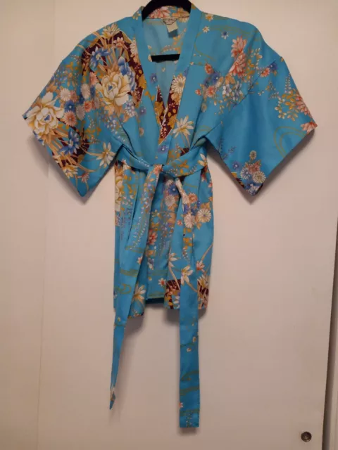 Made in Japan Turquoise floral childs vintage kimono robe attached tien