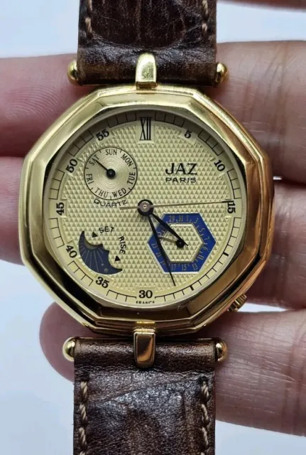 Vtg Jaz Paris Mens Moonphase Watch New Battery EUC Goldtone Brown Leather Strap