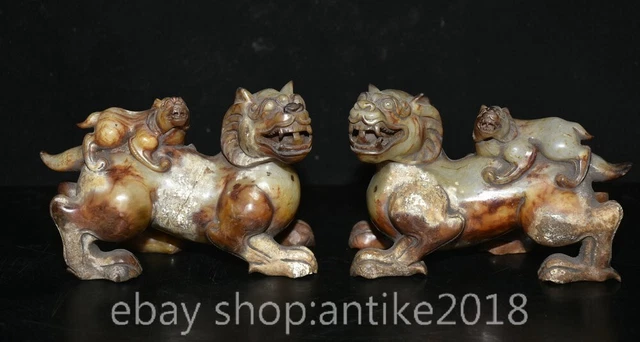 6” Old Chinese Hetian Jade Carving Feng Shui Pixiu Mother Son Beast Statue Pair