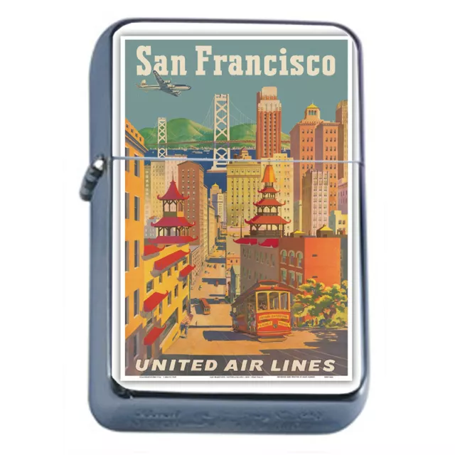 Silver Flip Top Oil Lighter Vintage Poster D 48 San Fransico United Air Lines