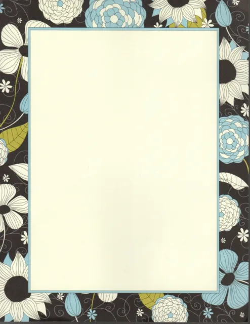 Outline Foliage Letterhead 11" Retro Blue Black Flowers Floral Printer Paper
