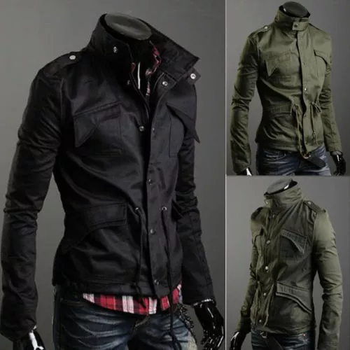 Mens Slim Fit Military Style Jacket Stand Collar Coat Hoody Overcoat New