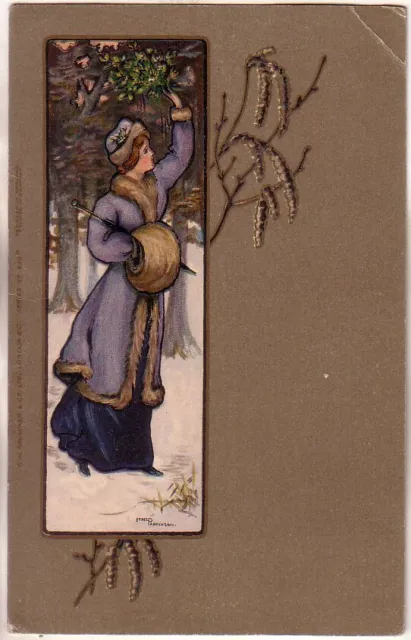 U.K. - Lady in winter unused postcard signed Ethel Parkinson