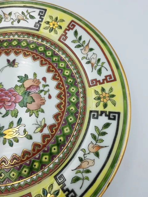 Plaque D'affichage Vintage Porcelaine Chinoise 9" Peinte À La Main Pivoine Fleurs Oiseaux Garniture Or 3