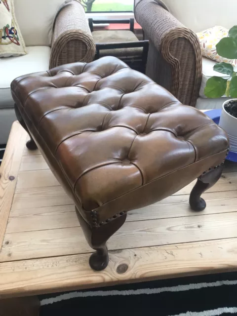 Real Leather Chesterfield Footstool Queen Anne Tan