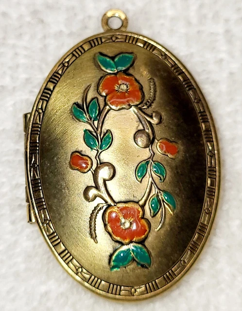 Vintage RED & GREEN Enamel Flower Gold Brass Locket