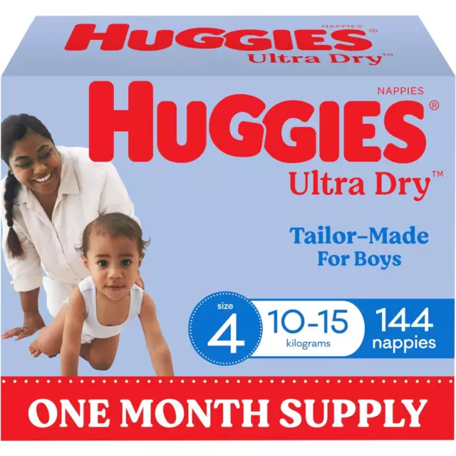 Huggies Ultra Dry Nappies Boys Size 4 (10-15kg) 144 Count - One Month Supply