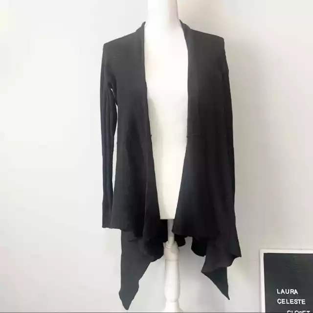 Eileen Fisher black merino wool silk waterfall cardigan sweater cascading medium