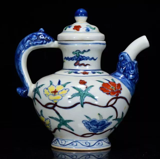 7.2" old China dynasty Blue&white wucai porcelain Tea makers Tea Pot statue