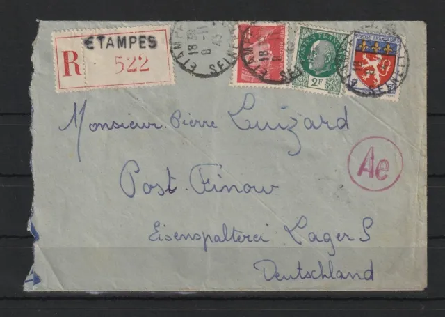 Frankreich R-Brief Etampes nach Finow/Eisenspalterei Lager, Zensur 1943 #1095832