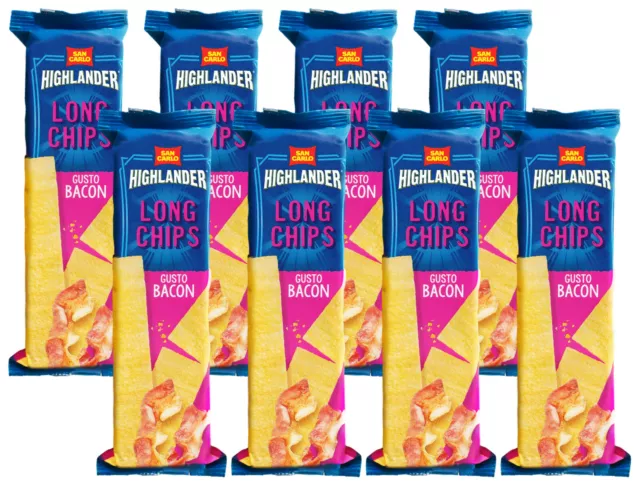8X San Carlo Highlander Long Chips gusto BACON Snacks di Fiocchi di Patate 75g