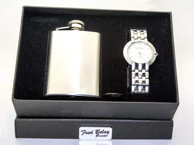 Fred Belay: Men's Gift Set, Stainless Steel Flask With  Analog Quartz Watch