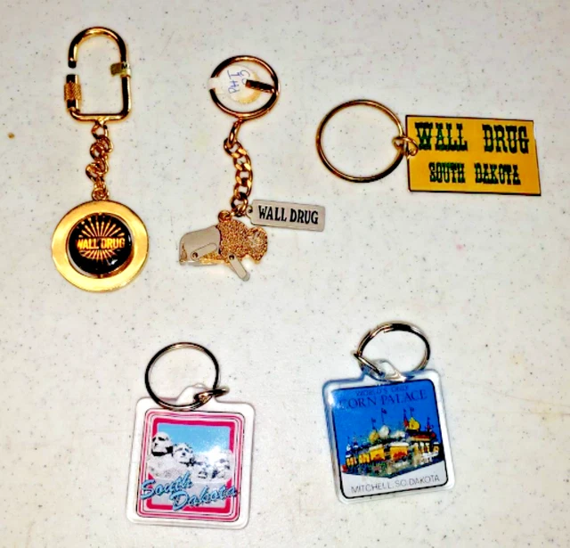 Five South Dakota Keychains -- 3 Wall Drug, 1 Mt. Rushmore, 2 Corn Palace