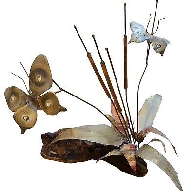 Vintage Butterfly Cattails Metal Art Sculpture On Burl Wood Base C.Jere Style