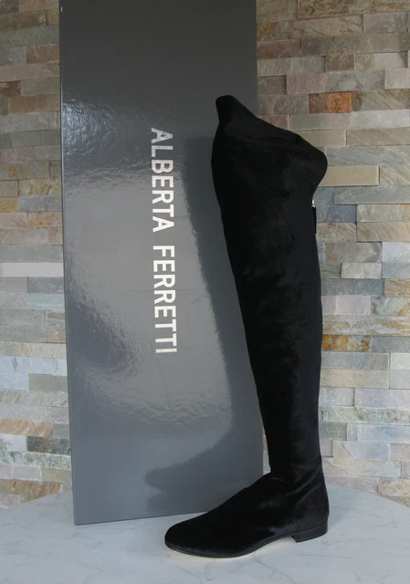 Alberta Ferretti Taille 37 Bottes Cuissardes Chaussures Velours Noir Neuf