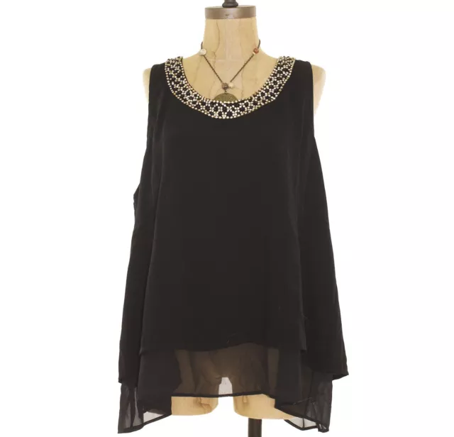 Topshop Split Back Top Size 12 Embellished Beaded Blouse Black NEW B52