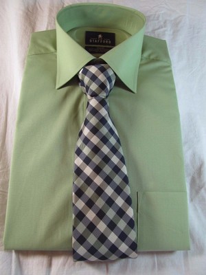 NWT STAFFORD EASY CARE BROADCLOTH DRESS SHIRT & TIE,Aloe Vera Green, Gingham tie