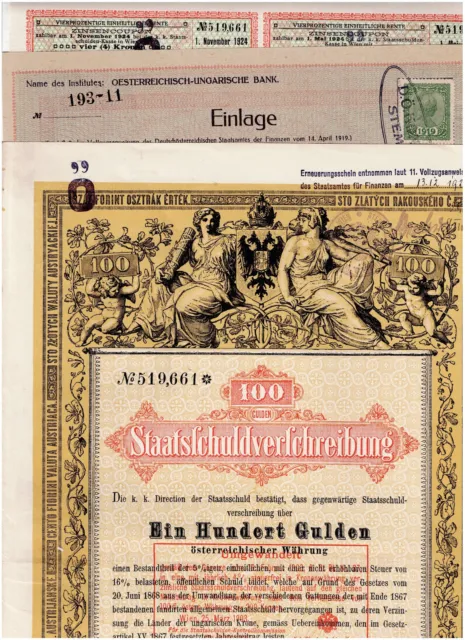 State Loan Austria, Vienna 1868, 100 Gulden, top-deco, cancelled/ coupons, VF