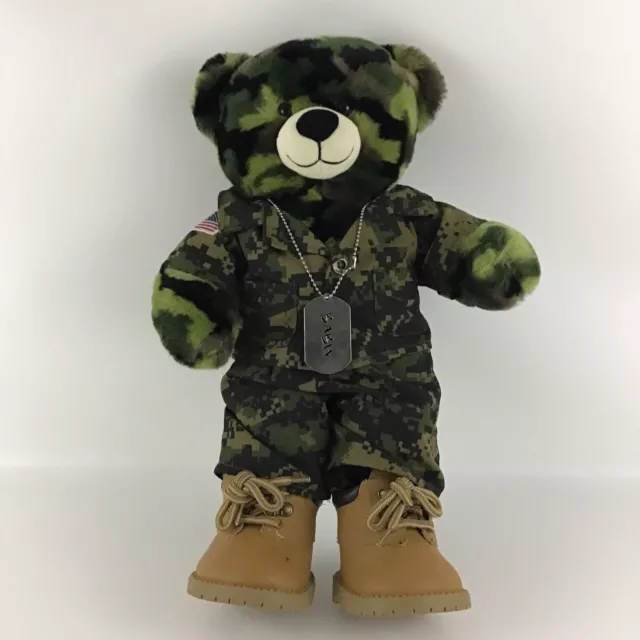 Build A Bear Military Camo 16" Teddy Bear Plush Camouflage Dog Tag Boots Uniform