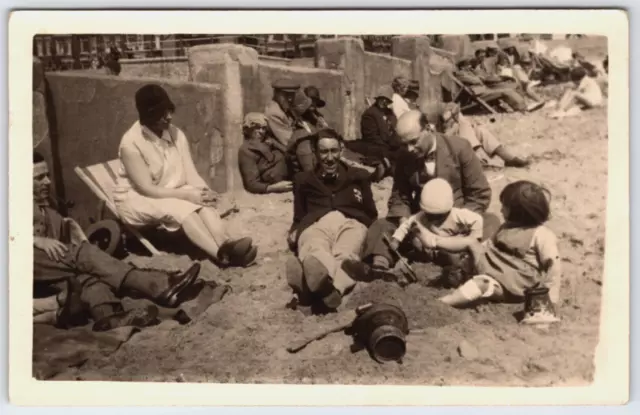 RPPC Family Relaxing at the Beach Kids Playing in Sand 1930s Postcard UK