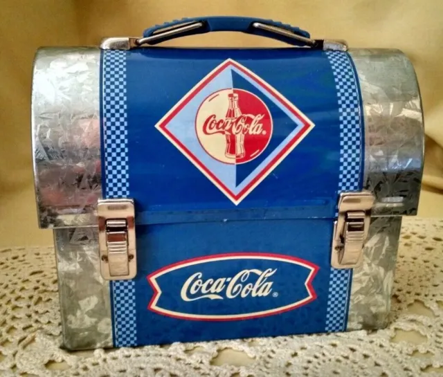 Coke Lunchbox Tin Domed Lid Blue Checkerboard Galvanized Tin Box Latches Handle.
