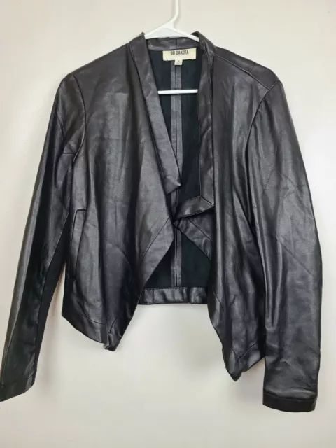 BB Dakota Womens Jacket Size Small Black Faux Leather Open Front Uneven Draped