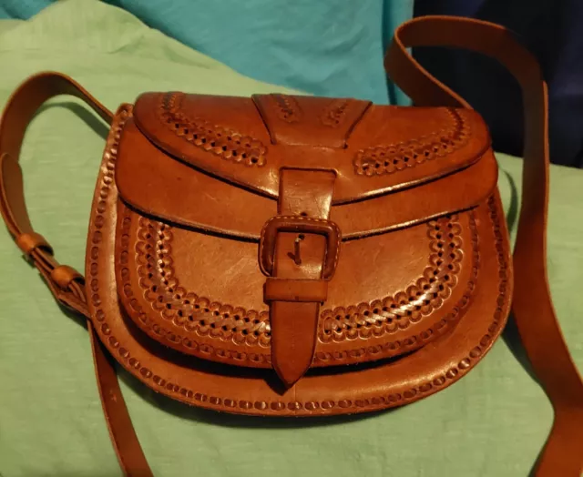 Saddle Bag Purse Brown Tooled Leather Crossbody Shoulder Bag