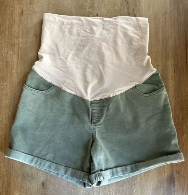 Liz Lange Maternity Over The Belly Jean Shorts Green Denim Cuffed Size S NEW