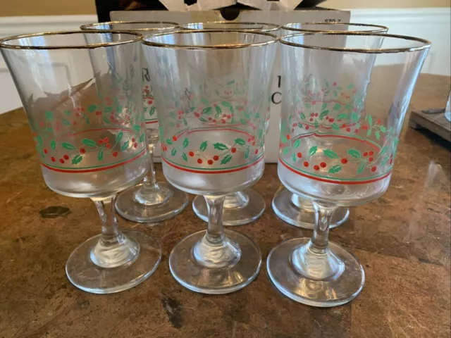 Arby's 1987 Wine/Water Glasses Christmas Holly Berries Gold Rimmed Lot Of 6