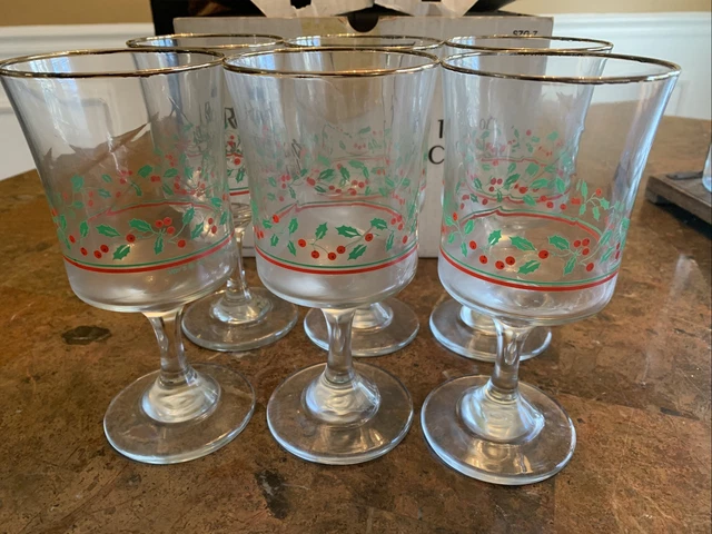 Arby's 1987 Wine/Water Glasses Christmas Holly Berries Gold Rimmed Lot Of 6