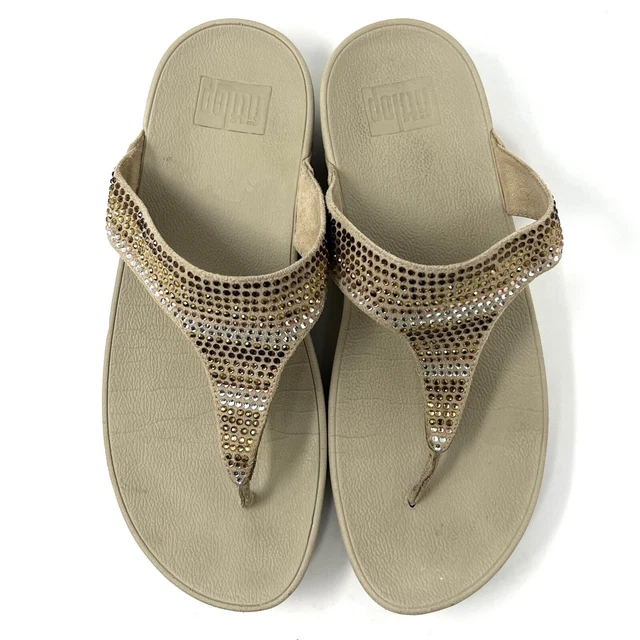 FitFlop Strobe Beige Gold Crystal Embellished Thong Flip Flop Sandals Size 8 2