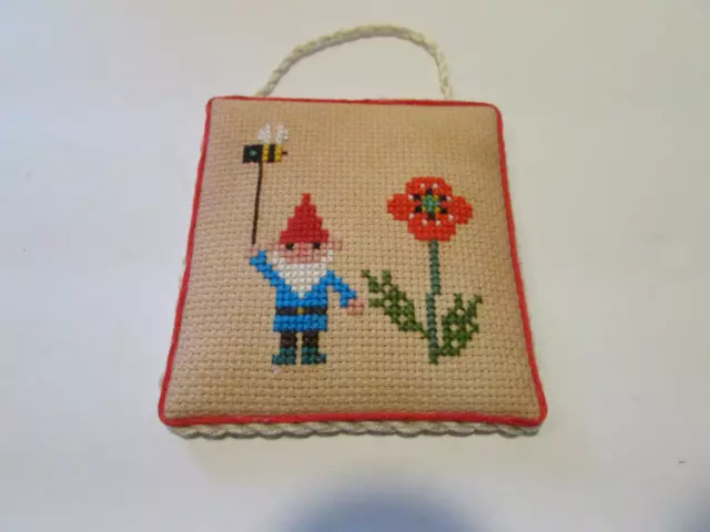 finished completed cross stitch ornament Gera gnome walking bee with flower