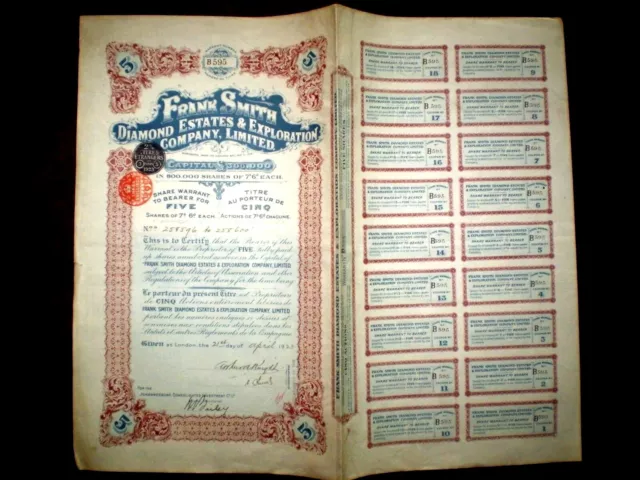 Frank Smith Diamond Estates, share certificate  1923 South Africa