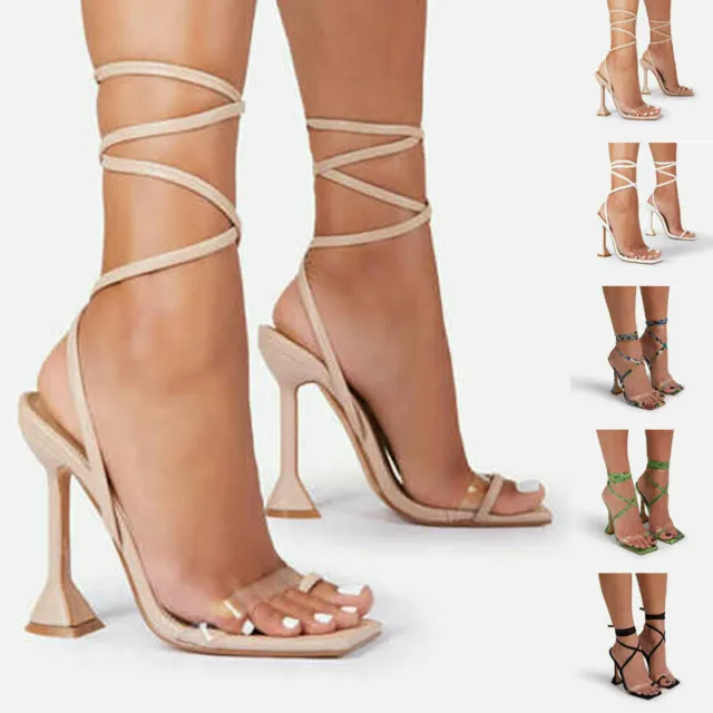 Womens Open Toe High Heel Tie Up Leg Ankle Sandals Strappy Shoes Party Summer