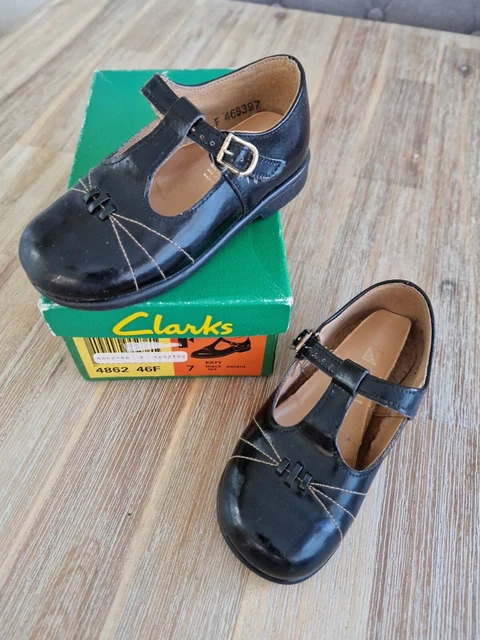 Scarpe bambole vintage Katy in pelle nera Clarks taglia 24 con scatola