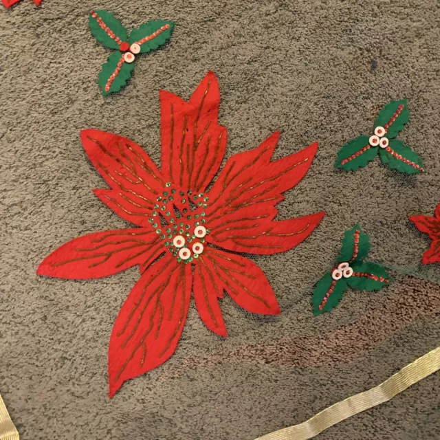 Vintage Handmade Tablecloth Poinsettia Green Tulle Felt Beaded Rickrack 81x107 3