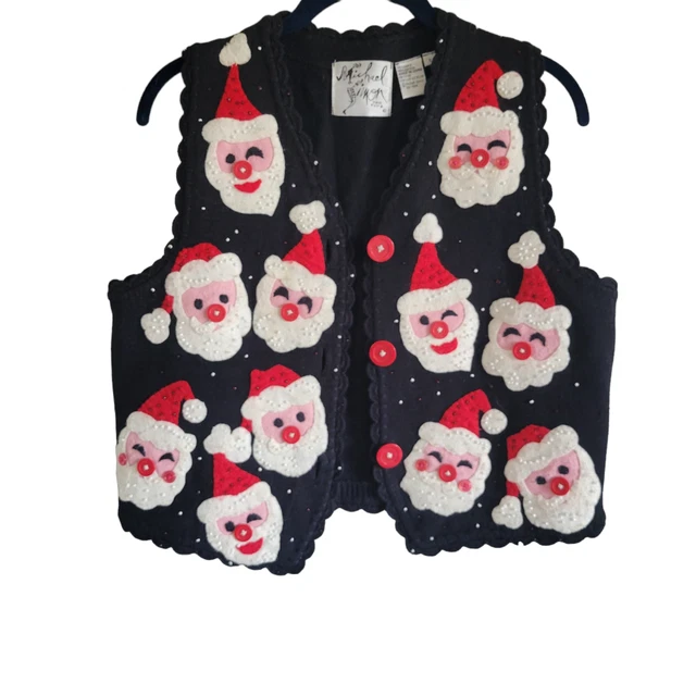 Vintage Michael Simon Christmas Sweater Vest Beaded Santa Design Women's Size S