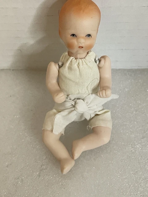 Baby Doll Bisque Porcelain Cloth Body Handmade Dress Hat Wicker Carriage Vintage 3