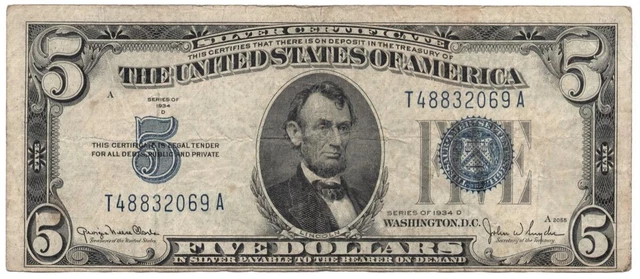 1934 D United States BLUE SEAL Five Dollars $5 Silver Certificate Bill Note 069