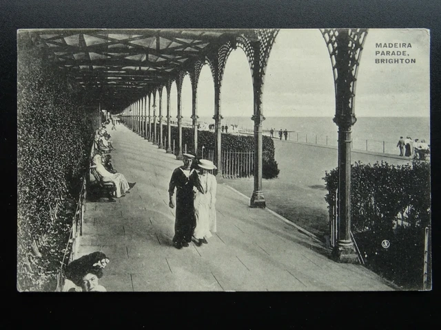East Sussex BRIGHTON Madeira Parade showing SAILOR & LADY Walking c1912 Postcard