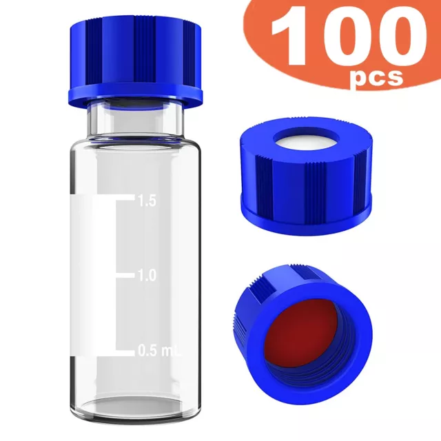 100Pcs 2ml Autosampler Vials+Caps Glass Bottle Screw Top 9-425 HPLC+Write Spot