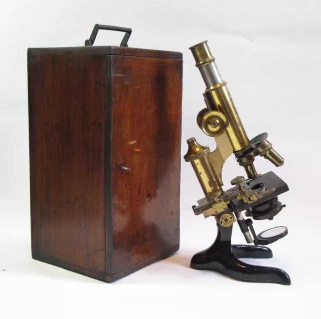 Antique Ernst Leitz brass monocular microscope. Cased.